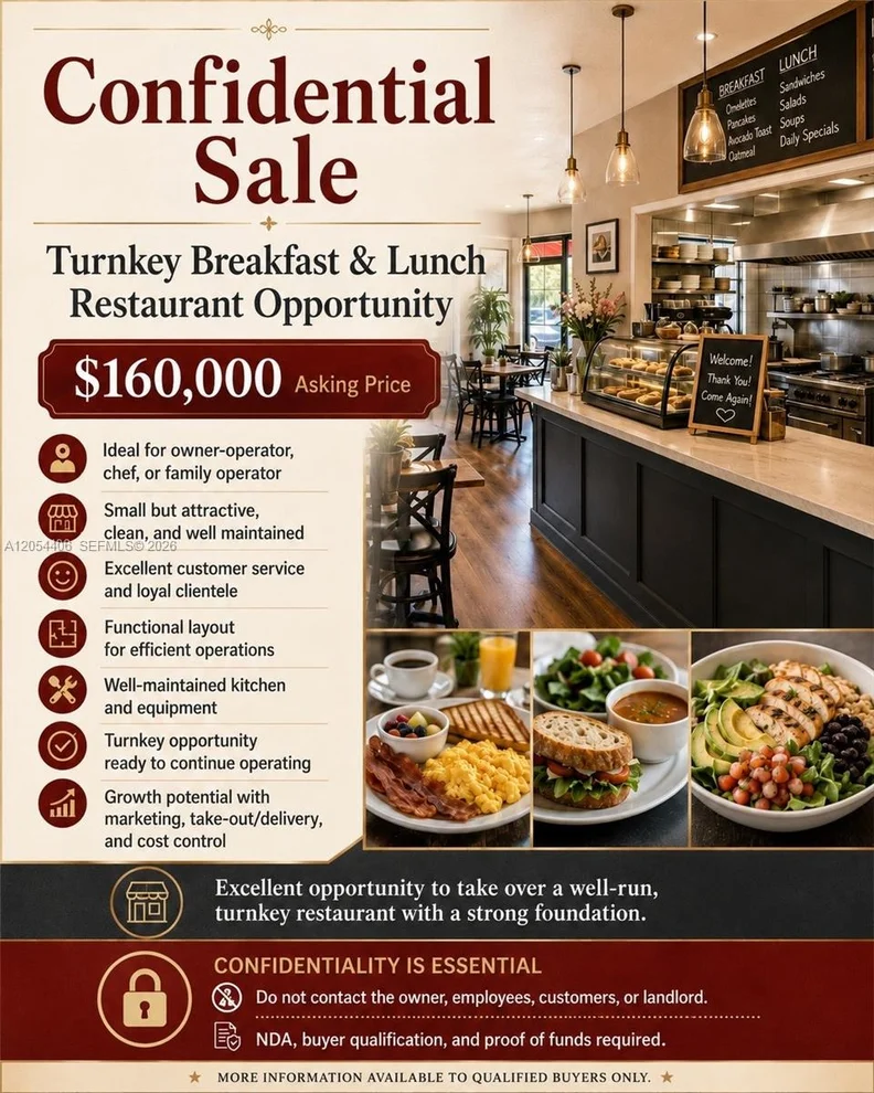 Unit for sale at Confidential Turnkey Breakfast & Lunch Restaurant, Miami, FL 33165