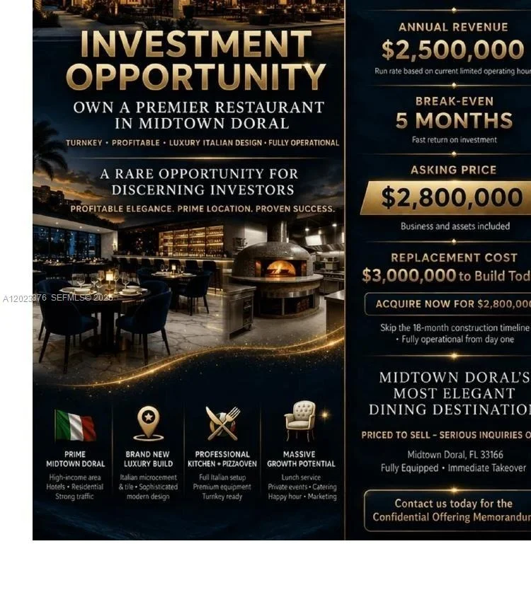 Unit for sale at DORAL ITALIAN RESTAURANT, Doral, FL 33178